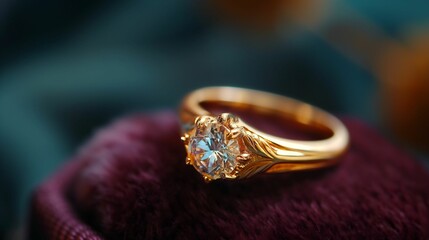 A gleaming gold ring on a velvet cushion. - 772844885