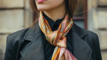 A knotted silk scarf elegantly drapes around the neck of a woman. - 772844896