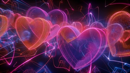 Abstract futuristic kaleidoscope neon hearts.