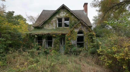 An old, abandoned house stands amidst overgrown leaves.