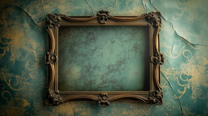 Blank vintage picture frame on weathered wallpaper. - 772845015