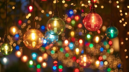 Hanging string of lights with multicolored balls. - 772845031
