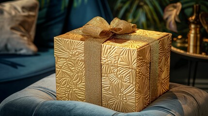 Gold gift box on plush velvet pillow. - 772845032
