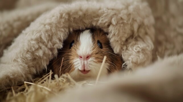 Image of a guinea pig peers out from its cozy hiding spot.