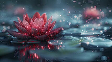 A lotus flower unveils a digital core amid a digital bloom backdrop, symbolizing innovation in nature-focused businesses.