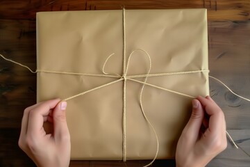 hands tying twine around a brown paper package - obrazy, fototapety, plakaty