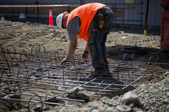 worker bending over to tie rebar laid out for a foundation mat