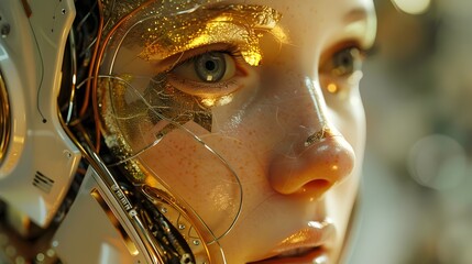 A thought-provoking image of a cyborg woman adorned in golden mechanical components, blending the boundaries between humanity and technology.