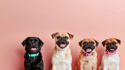 These four cute canines show off their different colors and breeds, all with joyful expressions against a pink background