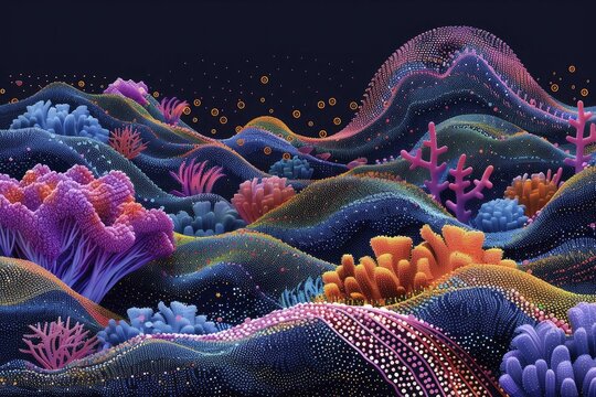 An artistic depiction of a vibrant coral reef using data points on an analysis backdrop for ecosystem health evaluation.