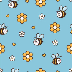 Beautiful seamless pattern with honeybee, daisy flower, honeycomb, heart. Funny insect bee on blue background. Cartoon characters. Vector illustration