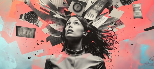 Time management concept. A young woman looks upwards, seemingly overwhelmed, amidst a chaotic backdrop of floating clocks and scattered documents, collage style. - obrazy, fototapety, plakaty