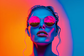 A woman with large sunglasses on her face, glass reflect the bright colors of the background,...