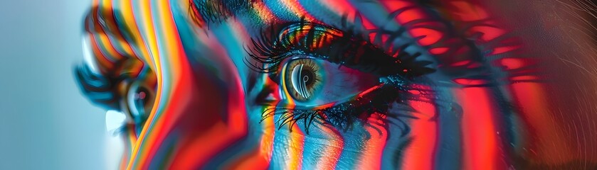 Close-up of abstract striped body art painting with a focus on the human eye, evoking a sense of observation and intrigue.
