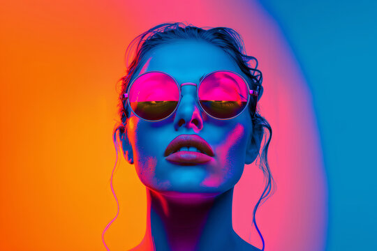 A woman with large sunglasses on her face, glass reflect the bright colors of the background, creating a vibrant and eye-catching look. Fashion model with sunglass pop art collage style in neon color