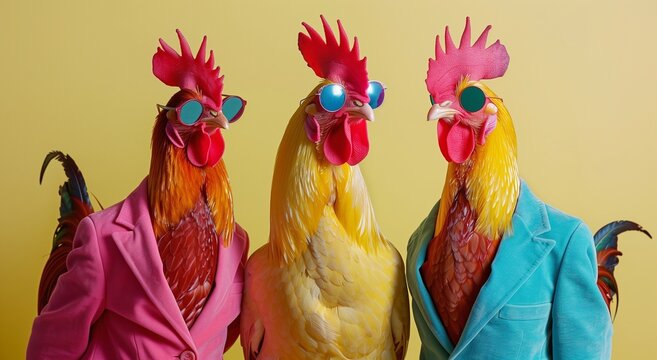 Surreal fashion concept. Three chickens dressed in colorful suits and sunglasses against a yellow background, evoking a quirky and playful mood.
