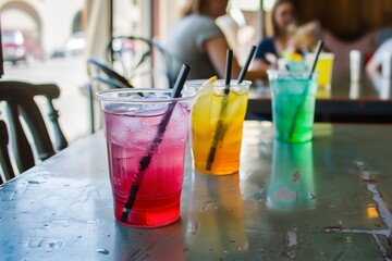 brightly colored mocktails on a cafe table - obrazy, fototapety, plakaty