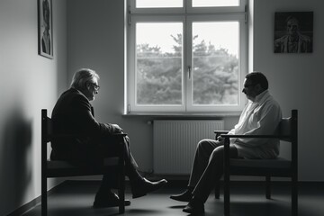 Monochrome image of two men in a serious talk