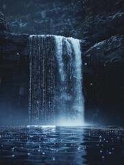 Capturing the essence of data accumulation, a serene waterfall cascades into a reflective data lake against a backdrop of information gathering. - obrazy, fototapety, plakaty