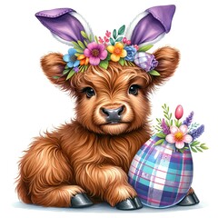 A cute brown rabbit with a flower crown on its head is holding an Easter egg. The image has a playful and festive mood, as it is a representation of the holiday season