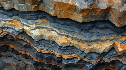 Layered rock formation with orange and gray strata - obrazy, fototapety, plakaty