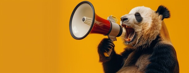 Animal communication concept. A giant panda yells into a red megaphone, set against a bright orange background, embodying a humorous take on spreading a message. - obrazy, fototapety, plakaty