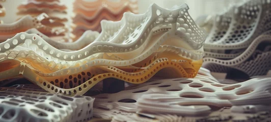 Foto op Plexiglas Abstract 3D printed objects with intricate designs. A collection of wavy, perforated layers in a gradient of white to deep beige, highlighting the precision and complexity of 3D printing technology. © Maxim