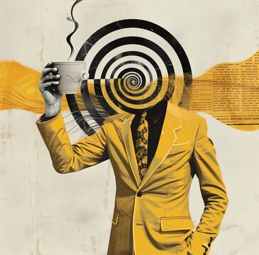 Modern collage of a man in a yellow suit holding a coffee cup, with a hypnotic spiral for a head. Conceptual artwork with newspaper text and grunge textures, ideal for posters and creative projects.