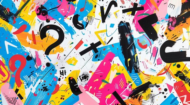 Abstract expressionist art with vibrant splashes and shapes. The piece is a riot of color featuring energetic strokes, dynamic splatters, and bold typography elements in a lively composition.