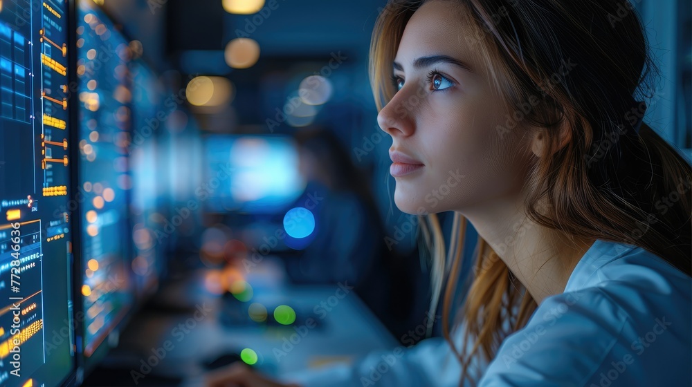 Leinwandbilder beautiful woman working in a high-tech computer lab. generative ai.