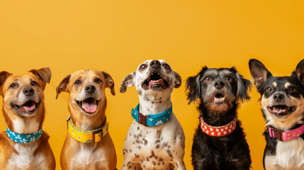 A joyful lineup of five diverse dogs wearing colorful collars against a vibrant yellow background, showcasing their unique personalities