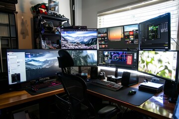 A high-tech gaming setup with multiple monitors, RGB lighting, and gaming peripherals, immersing you in the virtual world during work breaks, Generative AI - obrazy, fototapety, plakaty