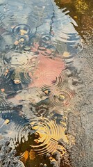 Raindrops creating ripples in a puddle