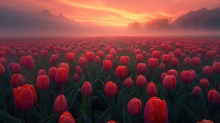 Fotobehang A clouds over a field of tulips foggy during sunrise. Generative AI. © visoot
