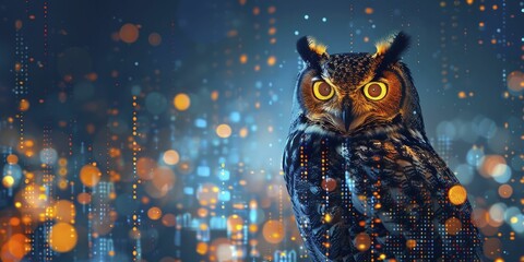 Silhouette of an owl with eyes as data visualizations, on a wisdom through data background, concept for the pursuit of knowledge through data analysis in niche sectors.