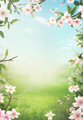 Obraz na płótnie Canvas pink cherry blossom frame and sakura banner with spring grass and blue sky background for copy space ai generated