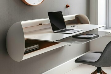  A minimalist floating desk attached to a wall, with hidden storage compartments and cable...