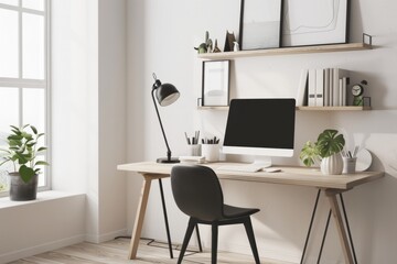 Fototapeta premium A minimalist Scandinavian-inspired desk setup with clean lines, natural wood finishes, and monochrome decor, exuding a sense of simplicity and sophistication, Generative AI