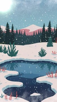Scenic 4k video loop featuring a picturesque winter scene with a tranquil lake winding at the foot of a snow-capped mountain.