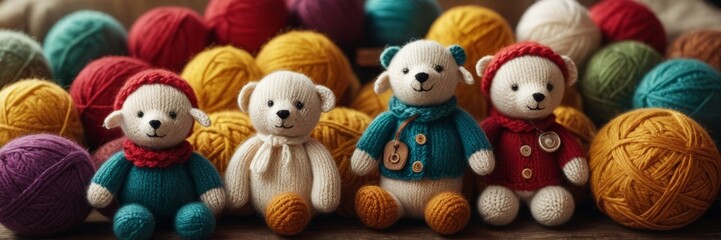 A group of four hand knitted teddy bear wearing sweaters, sitting between colorful balls of yarn.
