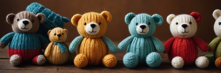 Unique in their kind, these multicolored knitted bears are distinguished by their handmade and are the perfect gift for your loved ones. - obrazy, fototapety, plakaty