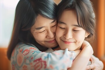 asian daughter is hugging mother at home
