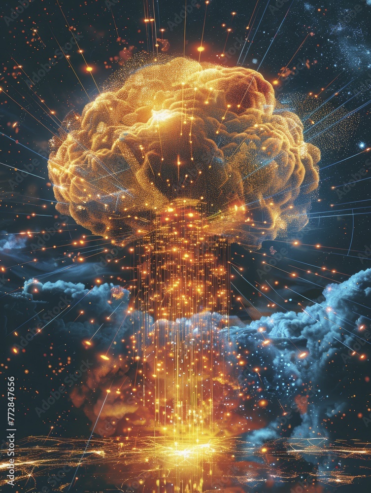 Wall mural stylized image of a mushroom cloud formed from data points, on a data explosion background, concept 