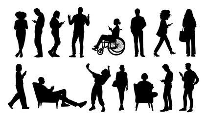 Silhouettes of Diverse people using gadgets. Men, women, disabled person in wheelchair holding smartphones, texting, talking. Male, female black Vector icons isolated on transparent background.