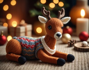 A knitted reindeer toy wearing a sweater lies on a table. It is surrounded by candles, a blurred Christmas tree, and small ornaments. In the background, there are two gift boxes.