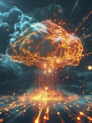 Visualizing the surge of data growth in specialized sectors through a mushroom cloud made of data points on an explosive background.