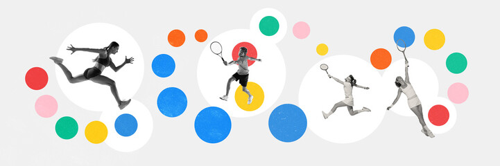 Banner. Contemporary art collage. Strength and power. Athletic people, joggers and tennis players training surrounded colorful circles. Concept of sport, individual and team games, championship. Ad