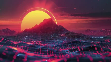 Rolgordijnen Stylized vector of a sun setting behind a digital mountain, on a data analysis tools background, concept for the end of traditional data processing methods. © Kanisorn
