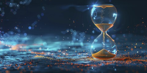 An innovative digital hourglass showcases data bits instead of sand, set against a time-sensitive data backdrop, emphasizing the criticality of prompt data analysis.