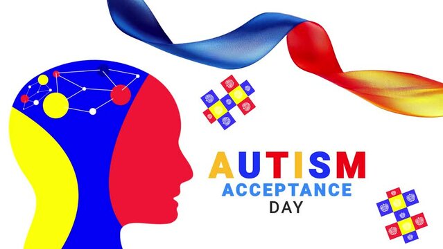 Autism acceptance day. red, blue and yellow color ribbon wave motion. Head illustration.